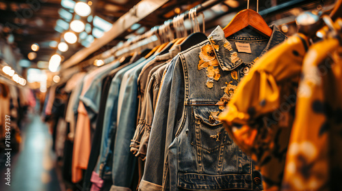 Fashionable Clothes in Retail Store, Stylish Wardrobe and Shopping, Designer Rack and Collection, Business and Casual Wear, Jeans and Jackets Display