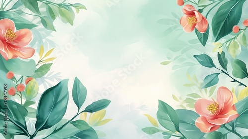 Watercolor spring season flowers and leaves copy space background