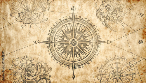 An old paper with a compass rose on it surrounded by other navigational drawings