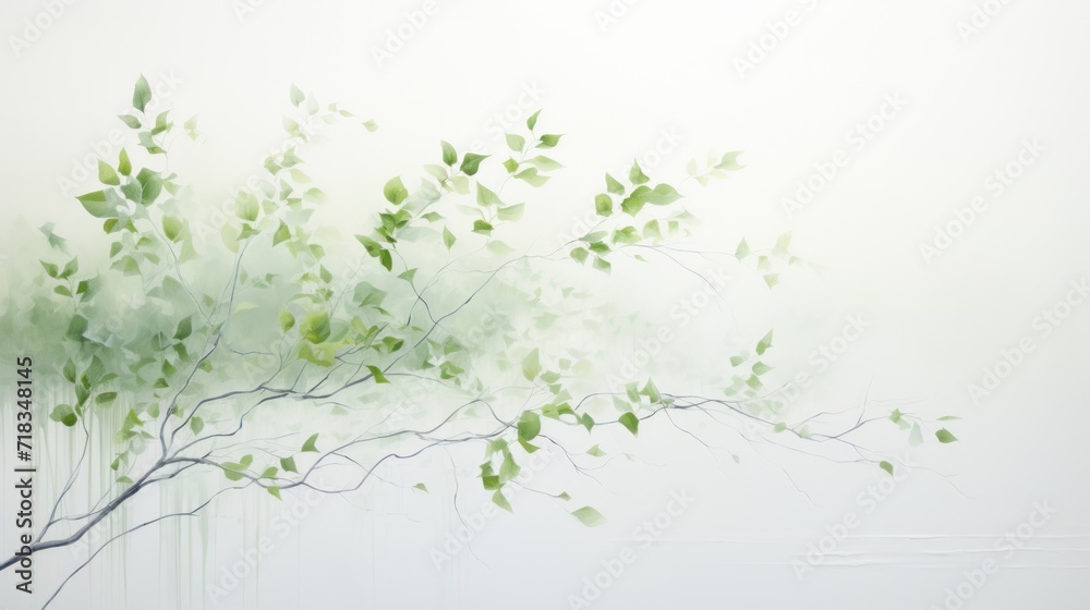 a painting of a tree branch with green leaves in the foreground and a white wall in the back ground.