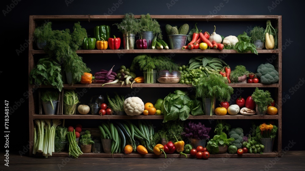  a wooden shelf filled with lots of different types of fruits and veggies on top of a wooden floor.