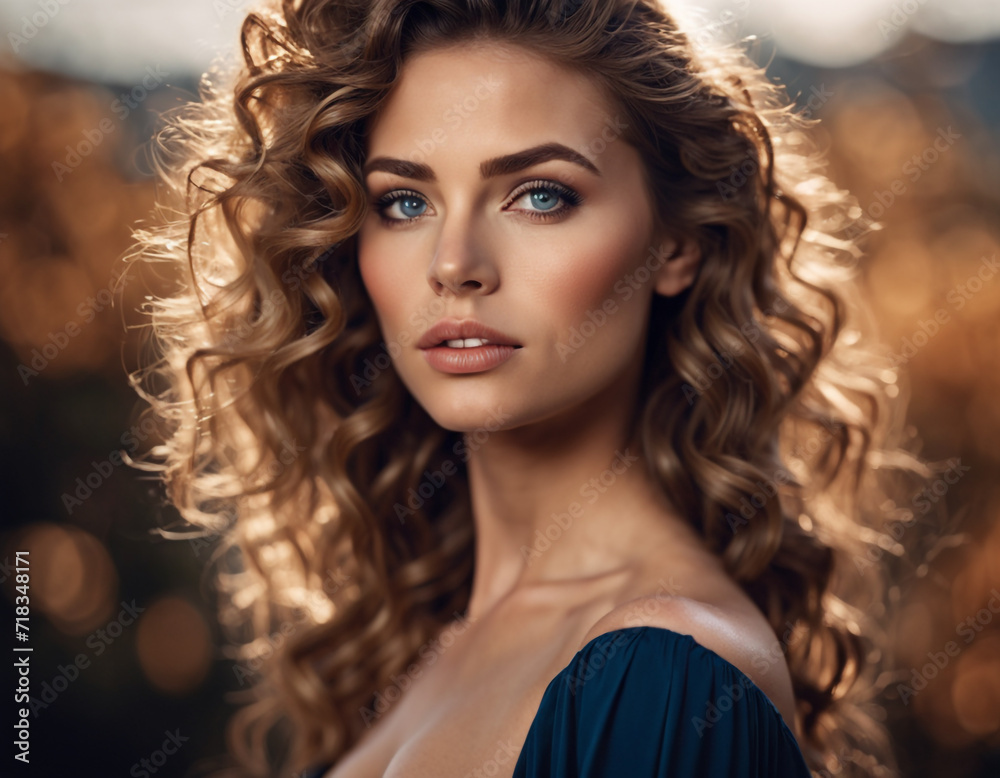 This image captures the essence of natural beauty and elegance, featuring a woman with voluminous, curly hair bathed in the golden hue of the sunset.