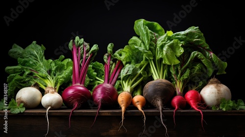  a group of radishes sitting on top of a wooden table next to a bunch of leafy greens.