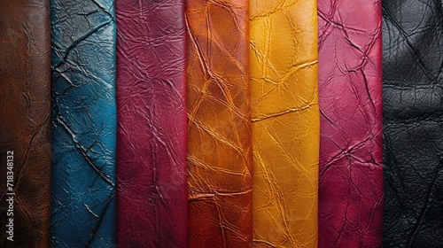 Background with colourful leather texture patches. Different sample pieces of natural or synthetic leather banner for fashion, footwear, furniture, accessories photo