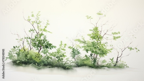 a painting of a group of trees with green leaves in the foreground and a white sky in the background.