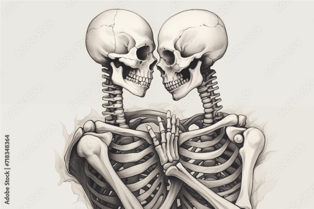 two skeletons in love hugging each other on the background of a pink heart with red roses, Valentine's Day postcard, Valentine's Day card, generative AI - obrazy, fototapety, plakaty 