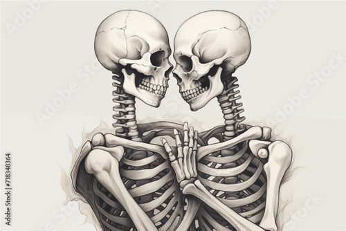 two skeletons in love hugging each other on the background of a pink heart with red roses, Valentine's Day postcard, Valentine's Day card, generative AI #718348364