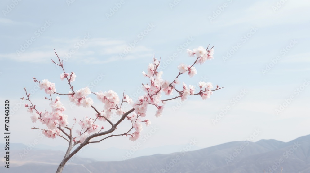 a small tree with pink flowers in front of a mountain range with a blue sky and white clouds in the background. a small tree with pink flowers in front of a mountain range with a blue sky and white clouds in the background.
