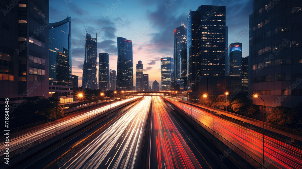 A stunning photo captures a bustling cityscape during rush hour, with glowing car taillights weaving through skyscrapers against the evening sky.