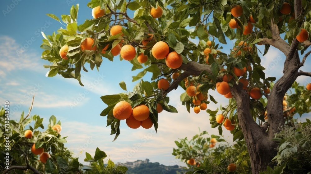  a tree filled with lots of ripe oranges on top of a lush green leaf covered forest under a blue sky.