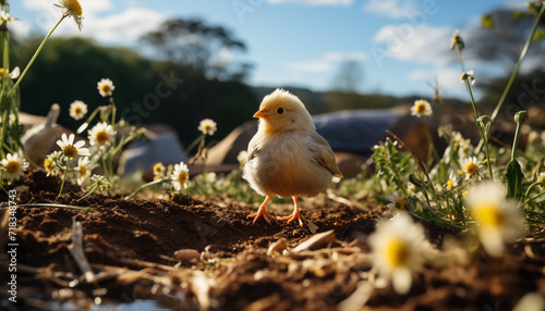 Cute yellow baby chicken hatching in green meadow generated by AI © Jeronimo Ramos