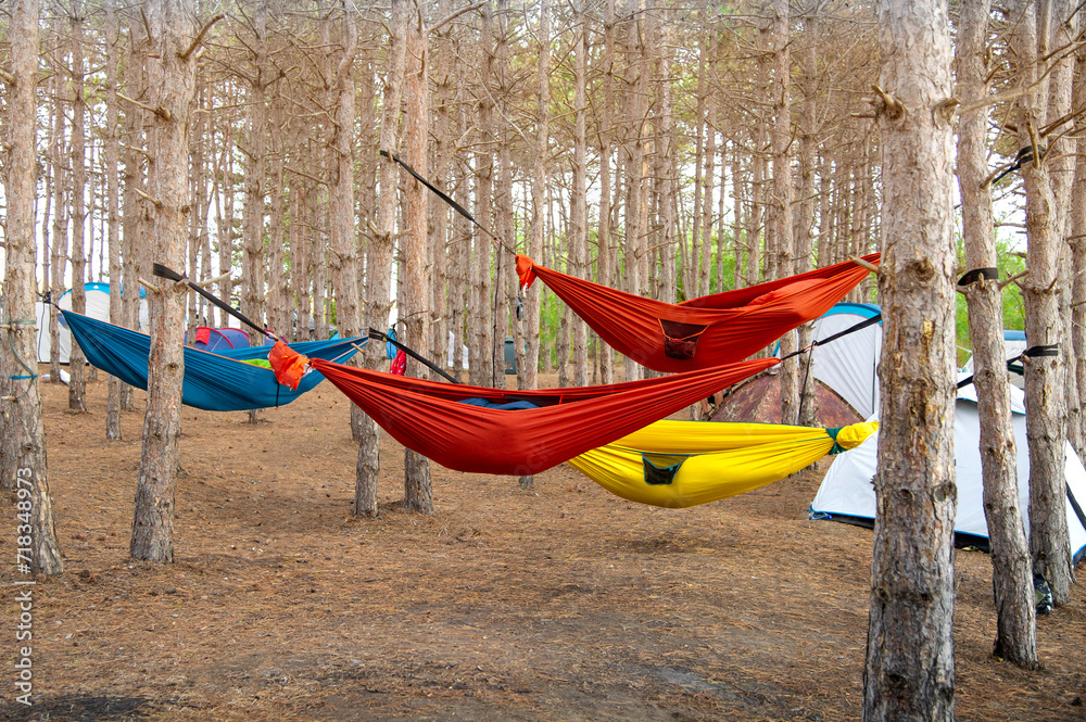 Tourists sleep in hammocks
