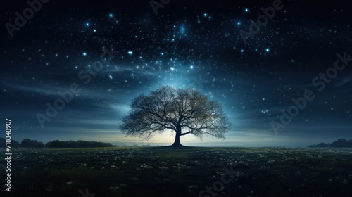  a lone tree in the middle of a field under a night sky with stars and the moon in the sky.