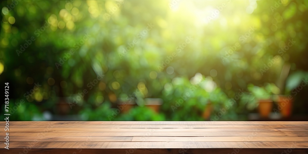 Wooden table with a blurred green backyard for an ad template. Wooden table with a blurred green backyard for an ad template.