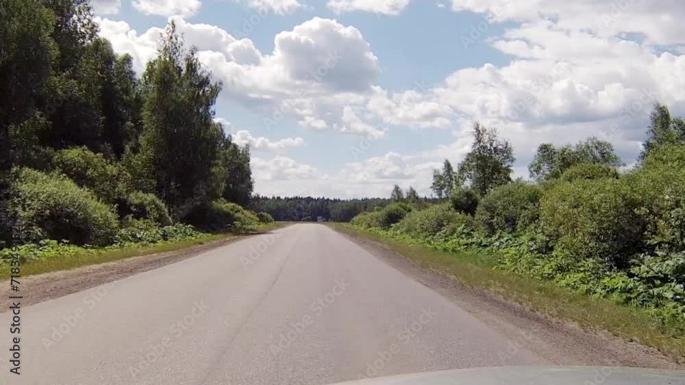 Movement on road among forest at sunny summer day, camera is on hood Movement on road among forest at sunny summer day, camera is on hood