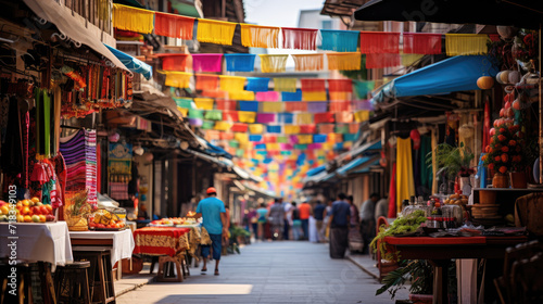 A vibrant photograph of a bustling pedestrian walkway in a multicultural district, teeming with street vendors and adorned with colorful awnings that create a lively and diverse atmosphere.