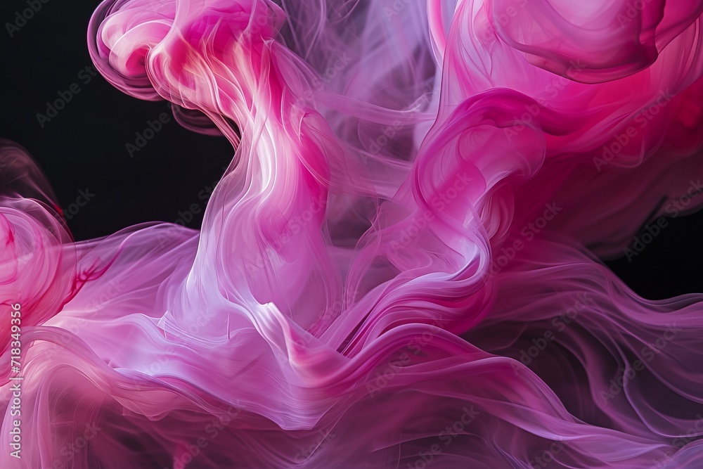 Enchanting pastel ink smoke: delicate swirls of magenta and pink hues dance gracefully in the starkness of a black canvas, evoking a dreamlike aura. generative ai