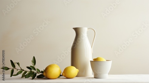  a table topped with a white vase next to lemons and a cup filled with lemons on top of a table.
