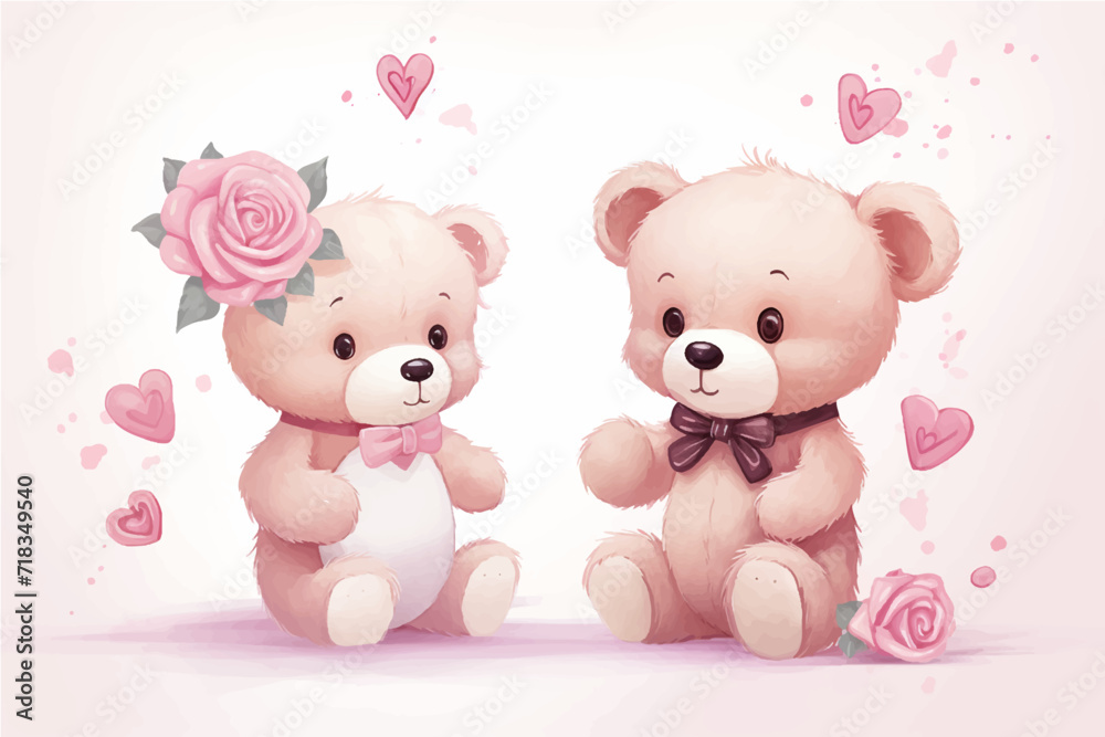 two cute little teddy bears with pink hearts, for valentine's day postcard, valentine's day card, generative AI two cute little teddy bears with pink hearts, for valentine's day postcard, valentine's day card, generative AI
