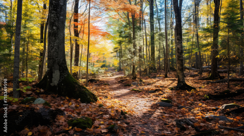 Obraz premium A vibrant autumn forest photo contrasts lush greenery with falling colorful leaves, capturing nature's seasonal transformation.