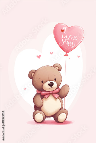 cute little teddy bear with a pink balloon with the words i love you for valentine's day postcard, valentine's day card, generative AI