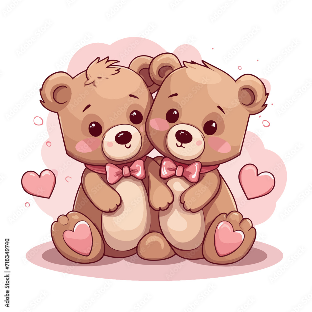 Fototapeta premium two cute little teddy bears with pink hearts, for valentine's day postcard, valentine's day card, generative AI