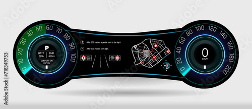 Futuristic Digital Dashboard Display with Vibrant Colors, Speedometer, and Innovative Features - High-Quality Vector for Automotive Design