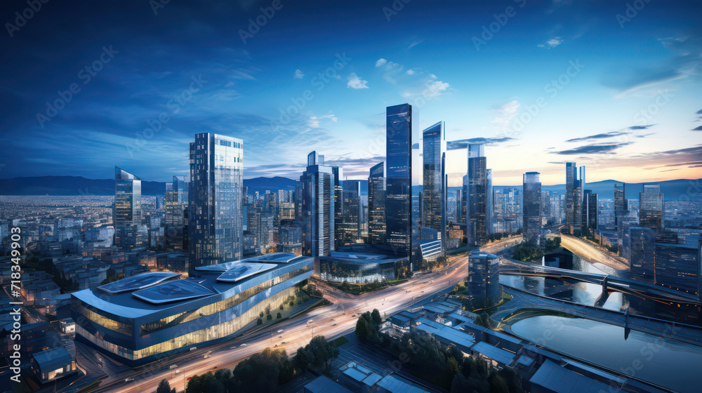 Innovative urban skyline with verdant riverfront in a future city, under a cloudless blue sky