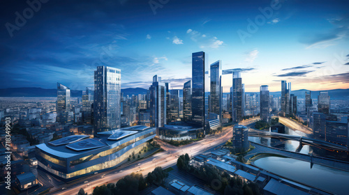 Innovative urban skyline with verdant riverfront in a future city, under a cloudless blue sky photo