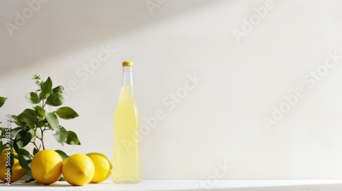  a bottle of lemonade next to a bunch of lemons and a potted plant on a white surface.