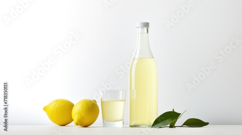  a glass of lemonade next to a bottle of lemonade and two lemons on a white countertop.