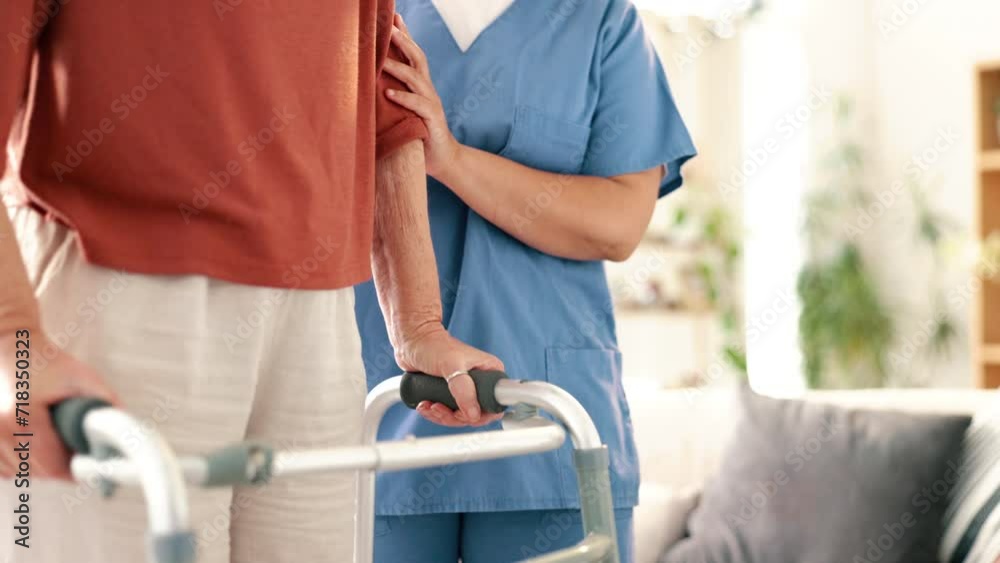 Walker, caregiver and support for senior woman in nursing home, physiotherapy and medical