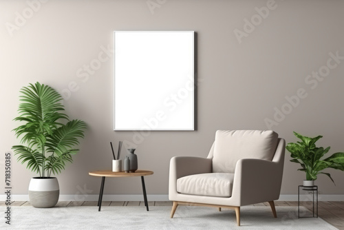 The image showcases a minimalist and modern interior with square frame mockup affixed to a clean, taupe wall, offering a blank canvas for art or poster display.  photo