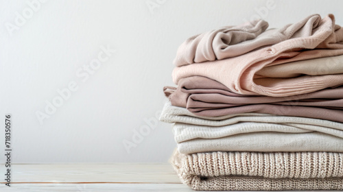 A stack of neatly folded women's clothing on a wooden table against a white wall. Copy space