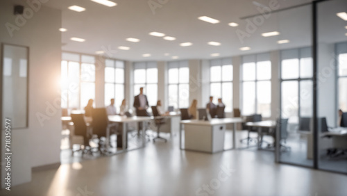 Blurred image of people in an office, city view through the window, soft focus, art labor council