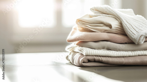 A stack of clothes on a table indoors close-up. Fresh folded cotton clothes. Copy space