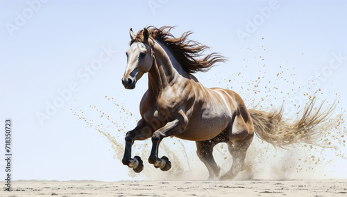 A horse gallops through the sand with blue sky in the background