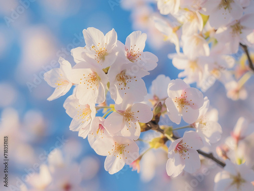 cherry blossoms, petals softly illuminated by the gentle sunlight of early spring, against a clear blue sky