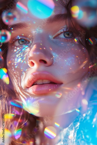 Portrait of a beautiful girl with multicolored makeup and sparkles