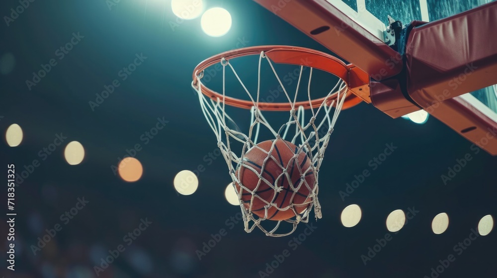 Close-up of basketball reaching in hoop at stadium 