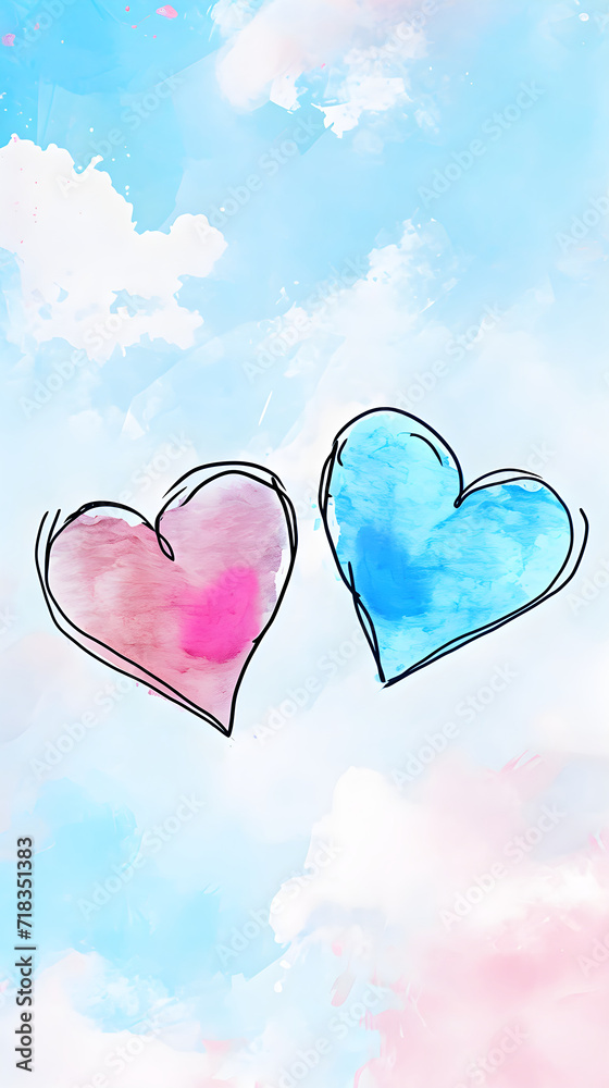 Abstract watercolor background with two pink hearts on blue cloudy sky. Love, Valentine day, wedding concept. Romantic backdrop with copy space for design greeting card, print, poster Abstract watercolor background with two pink hearts on blue cloudy sky. Love, Valentine day, wedding concept. Romantic backdrop with copy space for design greeting card, print, poster