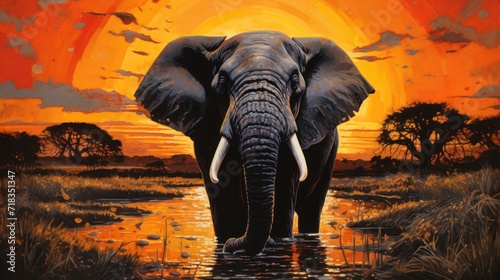 a painting of an elephant standing in a body of water with the sun setting in the back of it's head.