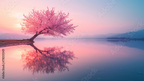 cherry blossom tree at the edge of a calm lake during sunset  petals reflecting in the water  creating a tranquil and reflective scene
