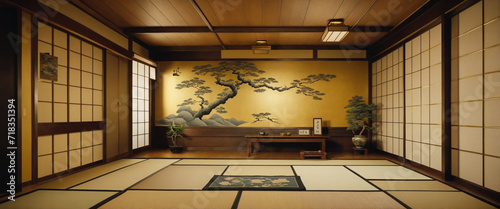 Traditional Japanese-style room with gold-painted walls.
