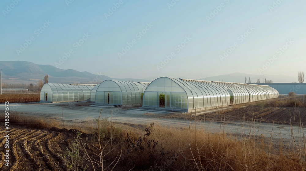 greenhouses made of plastic, set in a commercial farming landscape, with detailed views of the interior and exterior structures greenhouses made of plastic, set in a commercial farming landscape, with detailed views of the interior and exterior structures