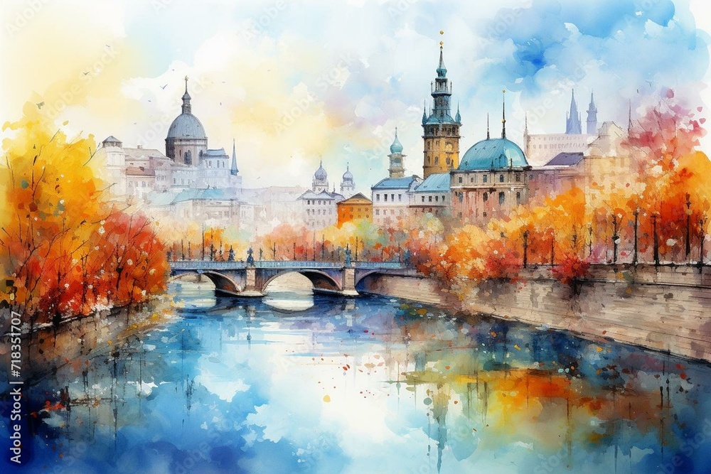 Vibrant cityscape with river, depicted in watercolor style with an impressionist touch. Generative AI - obrazy, fototapety, plakaty 