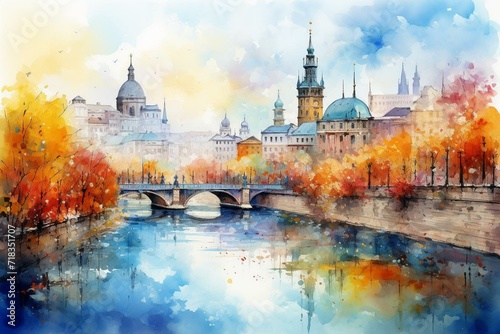 Vibrant cityscape with river, depicted in watercolor style with an impressionist touch. Generative AI photo