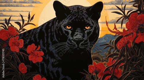  a painting of a black panther in a field of red flowers with the sun setting in the distance behind it.