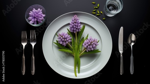 table setting composition, providing symmetry and balance. Cutlery, plate and hyacinth flower. Well-designed arrangement promotes realism