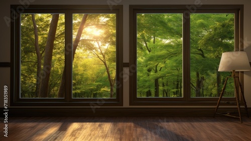 Wooden window overlooking the forest. Sunlight provides warm and subtle lighting that brings out the vibrant green tones of the leaves to maintain a realistic and cozy ambiance.